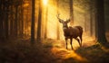 Young deer crossing an area of Ã¢â¬â¹Ã¢â¬â¹the woods crossed by the warm light of the golden sun